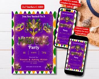 Modello modificabile di invito festa di martedì grasso in maschera, biglietto d'invito stampabile per festa di martedì grasso e invito mobile, elegante maschera di martedì grasso