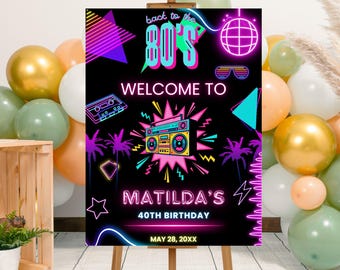 Editable Back to the 80s Neon Glow Birthday Party Welcome Sign Template, Printable 80's Neon Party Welcome Poster, Retro Throwback Party