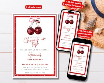 Invito di compleanno modificabile "She's The Cherry on Top Coquette", invito di compleanno stampabile con ciliegie rosse, festa con palla da discoteca a tema ciliegie.