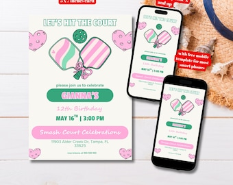 Editable Pink and Green Pickle Ball Birthday Party Invitation Template, Printable Let's hit the Court Pickleball Party Invite, Racquet Club