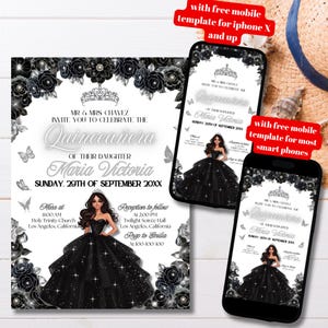 Bearbeitbare Schwarz-Silber-Quinceamaßa-Einladungsvorlage, Schwarze-Silber-Rosen-Prinzessin Quinceamaßa-Einladung, Mis Quince 15 Anos 16 Geburtstag
