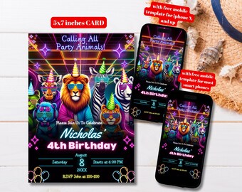 Calling All Party Animals Birthday Invitation Template Editable, Canva Invite for Fun Animal-Themed Bday Party, Neon Safari Party Invite