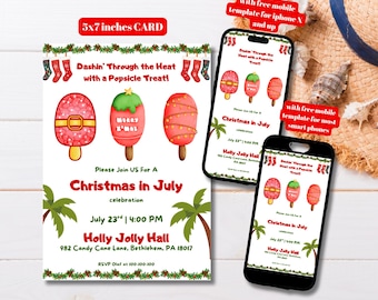 Editable Popsicle Christmas in July Party Invitation Template, Printable July Christmas Invitation, Christmas Summer Party Invitation