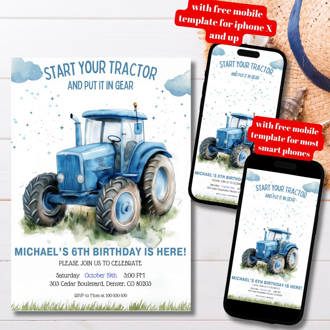 Tractor Birthday Party Invitation Editable Template, Blue Farm Tractor ...