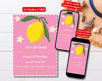Editable Pink Lemon Citrus Birthday Invitation Template, Printable Pink Lemon Birthday Party Invitation, Lemon Birthday Mobile Invitation