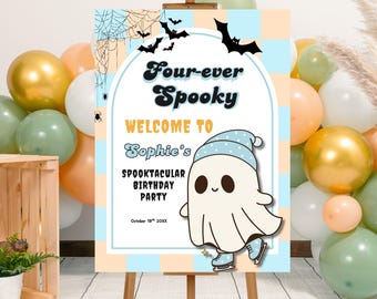 Editable Cute Ghost Roller Skate Birthday Welcome Sign Template, Printable Four Ever Spooky Halloween Birthday Welcome Poster