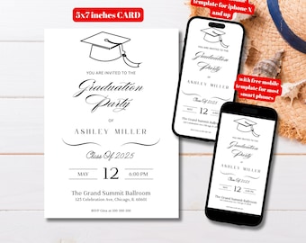 Editable Graduation Invitation Template, Printable Graduation Party Invitation, Black White Minimalist Graduation Party, Highschool Graduate