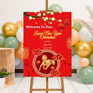 Editable Chinese New Year Year of the Horse Party Welcome Sign Template, Printable 2026 Horse New Year Chinese Celebration Lunar New Year