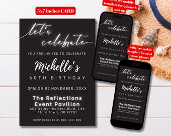 Editable Black Minimalist Birthday Invitation Template, Printable Let's Celebrate Bday Party Invite, Surprise Bday Party Invite, Black Invit