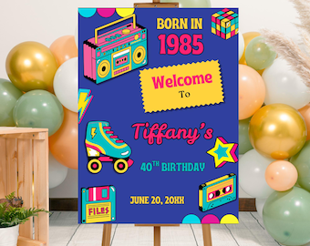 Bewerkbare retro geboren in 1985 80s thema verjaardagsfeestje welkomstbord, afdrukbare elk leeftijd jaar terug naar de jaren 80 verjaardag welkomstposter, jaren 80 thema