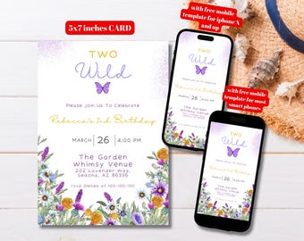 Editable Wildflowers Birthday Invitation Template, Printable Garden Party Birthday Girl Invitation, Two Wild Wildflower Birthday Invitation