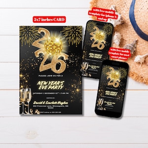 Editable New Year&#39;s Party Black Gold Champagne Glam Invitation Template, Printable NYE Holiday Party Invite, Gold Glitter New Years Invite