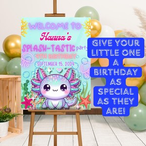Editable Blue Axolotl Birthday Party Welcome Sign, Axolotl Birthday Party Welcome Poster, Cute Axolotl Birthday Welcome Poster Canva Edit