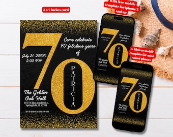 Editable Editable Black and Gold 70th Birthday Invitation Template, Printable Black and Gold Birthday Invitation, Printable 5x7 Invitation