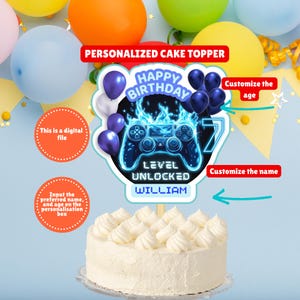 Personalized Blue Video Game Birthday Party Cake Topper, Custom Gamer Bday Cake Decor, Level Unlocked Gamer Birthday Party, Digital File