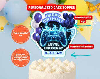 Personalisierte Videospiel Geburtstagsparty Kuchen Topper, Gamer Bday Kuchendeko, Level Unlocked Gamer Geburtstagsparty, Digitale Datei