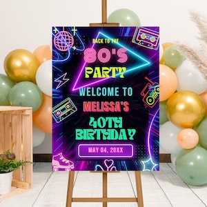 Editable Neon Glow Back to the 80s Birthday Party Welcome Sign Template, Printable Neon Retro 80s Birthday Welcome Poster, Throwback Party