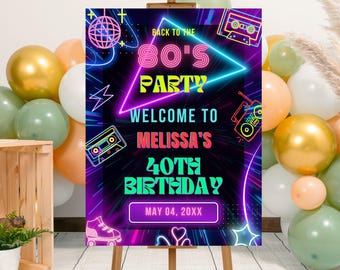 Bewerkbare neongloed terug naar de 80s verjaardagsfeestje welkomstbord sjabloon, afdrukbare neon retro 80s verjaardag welkomstposter, throwback party