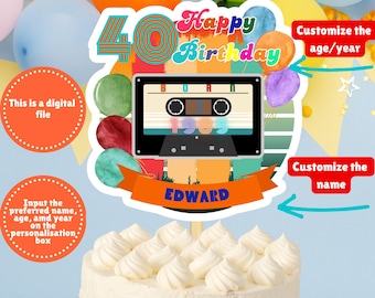 Personalized Cassette Tape Birthday Cake Topper, Custom Born 1985 40th Birthday Party Cake Topper, 80S Birthday Cake Topper, Back To The 80S