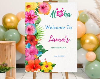 Editable Luau Birthday Party Welcome Sign Template, Printable Luau Birthday Poster, Luau Party Sign, Aloha Tropical Hibiscus Summer Party