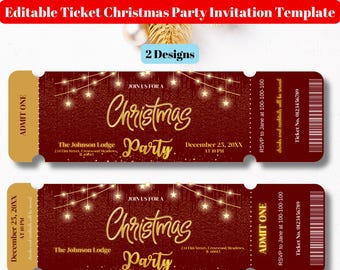 Editable Red and Gold Christmas Ticket Invitation Template, Printable Christmas Party Ticket Invite, Holiday Event Ticket Invite, Christmas