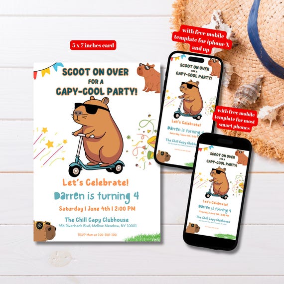 Capybara Printable Invitation Capy Cool Birthday Invitation Template, Printable Capy Birthday Invite, Capy Birthday Canva Editable Invite