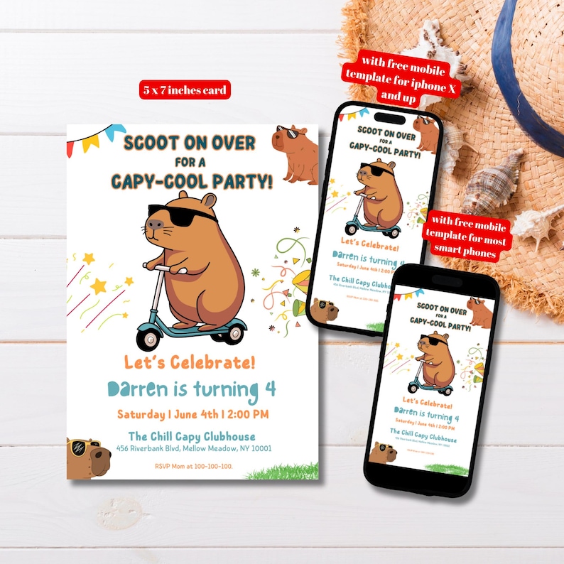 Capybara Druckbare Einladung Capy Coole Geburtstagseinladung Vorlage, Druckbare Capy Geburtstag einladen, Capy Geburtstag Canva Bearbeitbar Einladen Bild 1