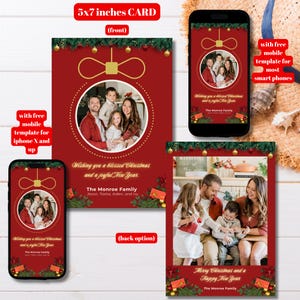 Modello di biglietto d'auguri natalizio con foto modificabile, biglietto di auguri natalizio rosso stampabile per la famiglia, biglietto di auguri fotografico per le vacanze, biglietto di auguri natalizio con foto di famiglia