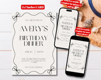 Editable Minimalist Bow Frame Birthday Invitation Template, Printable Classy Invite, Black Bow Bday Invitation, Black and White Bday Party