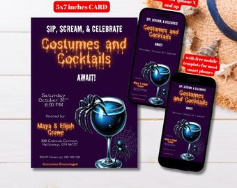 Editable Halloween Costumes and Cocktails Invitation Template, Printable Adult Halloween Party Invite, Costume Party, Cocktail Party Invite