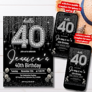 Modelo de convite de aniversário de 40 anos com diamantes brilhantes, convite de festa de aniversário de 40 anos Hello Forty Modern Glitter, convite preto de aniversário de quarenta anos