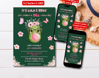 Editable Pickle Birthday Party Invitation Template, Printable Pink Floral Pickle Party Invite, It's a Big Dill Birthday Invitation