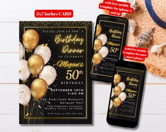 Editable Black Gold 50th Birthday Party Invitation Template, Printable 50th Golden Bday Invite, Fifty Black Gold Foil Bday Invite, 50th Bday