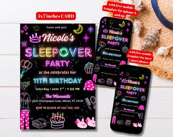 Editable Neon Sleepover Birthday Invitation Template, Printable Pink Slumber Party Birthday Invite, Girls Pajama Party Invite, Retro Neon