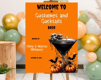 Plantilla editable de cartel de bienvenida para fiesta de Halloween con disfraces y cócteles, póster imprimible de bienvenida para fiesta de Halloween para adultos, cóctel espeluznante.