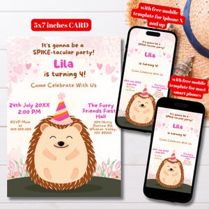 Modelo de cartão de aniversário de ouriço fofo editável, convite para festa de aniversário de ouriço charmoso para impressão, convite para festa de aniversário de ouriço rosa para meninas