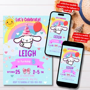 Kitty & Friends Geburtstag einladen bearbeitbar, Kawaii Welpen Cinnamon Roll Geburtstagseinladung, Kawaii druckbare Einladung, Kawaii bearbeitbare Vorlage