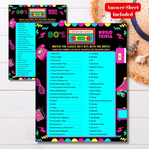 May include: A black and neon-coloured 80s-themed music trivia game with an answer sheet. The game features a birthday party playlist and asks players to match classic 80s hits with the artist. Includes pink cassette tape, roller skate, and telephone graphics.