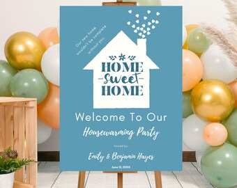 Plantilla editable de cartel de bienvenida para inauguración de casa en azul y blanco, póster imprimible para fiesta de inauguración de casa "Hogar dulce hogar", bienvenida para fiesta de nuevo hogar