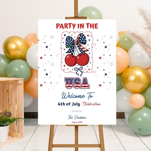 Editable Coquette Cherry 4th of July Party Welcome Sign Template, Printable Red White Blue Welcome Poster, Patriotic Party in the USA Sign