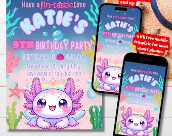 Bearbeitbare rosa Axolotl-Geburtstagseinladungsvorlage, druckbare Axolotl-Geburtstagseinladung, Axolotl-Mädchen-Party einladen, unter dem Meer einladen