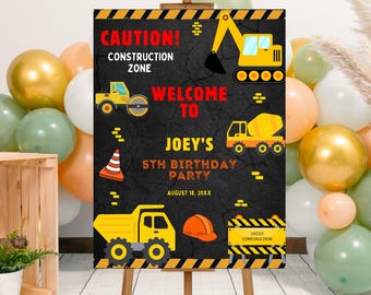 Plantilla editable de cartel de bienvenida para fiesta de cumpleaños con temática de construcción, póster imprimible para fiesta con excavadora, cartel de bienvenida para fiesta con temática de camión volquete de maquinaria pesada.