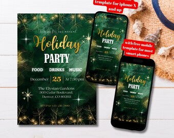 Editable Emerald Green and Gold Christmas Party Invitation Template, Printable Elegant Holiday Party Invite, Green Gold Holiday Party Invite