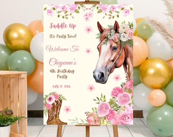 Editable Horse Birthday Party Welcome Sign Template, Printable Watercolor Floral Horse Birthday Sign, Cowgirl Party Horse Welcome Poster