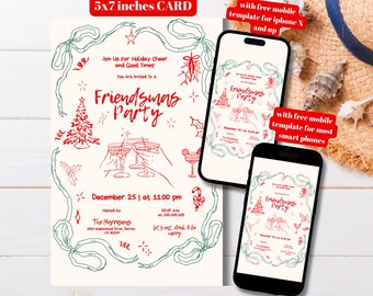 Editable Whimsical Hand Drawn Friendsmas Invitation Template, Printable Handwritten Christmas Dinner Party Invitation, Doodle Friendsmas