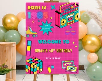 Editable Pink Retro Born in 1985 Birthday Party Welcome Sign Template, Printable Any Age Year Back to the 80s Party Welcome Poster
