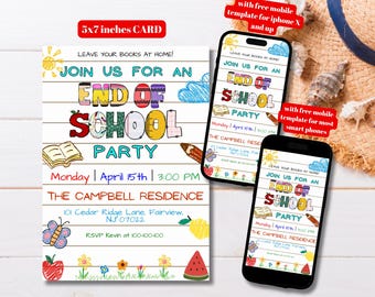 Editable End of School Party Invitation Template, Printable Kids Summer Party Invite, End of School Party Invite, End of School Party
