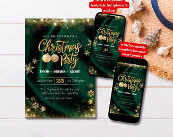 Editable Elegant Green and Gold Christmas Party Invitation Template, Printable Green and Gold Holiday Party Invite, Green Xmas Office Party