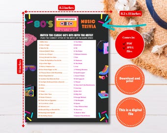 Juegos imprimibles de trivia para fiestas de los 80, juegos de combinación de música para fiestas temáticas de los 80, juego musical de cumpleaños de los 80, fiesta de regreso a los 80, juego de trivia musical de los 80
