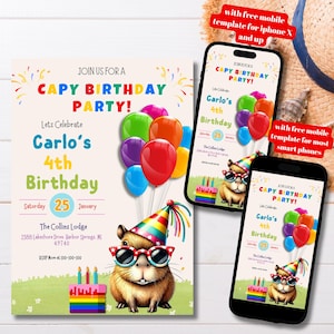 Editable Colorful Capybara Birthday Party Invitation Template, Printable Colorful Capy Birthday Party Invite, Digital Capybara Themed Bday